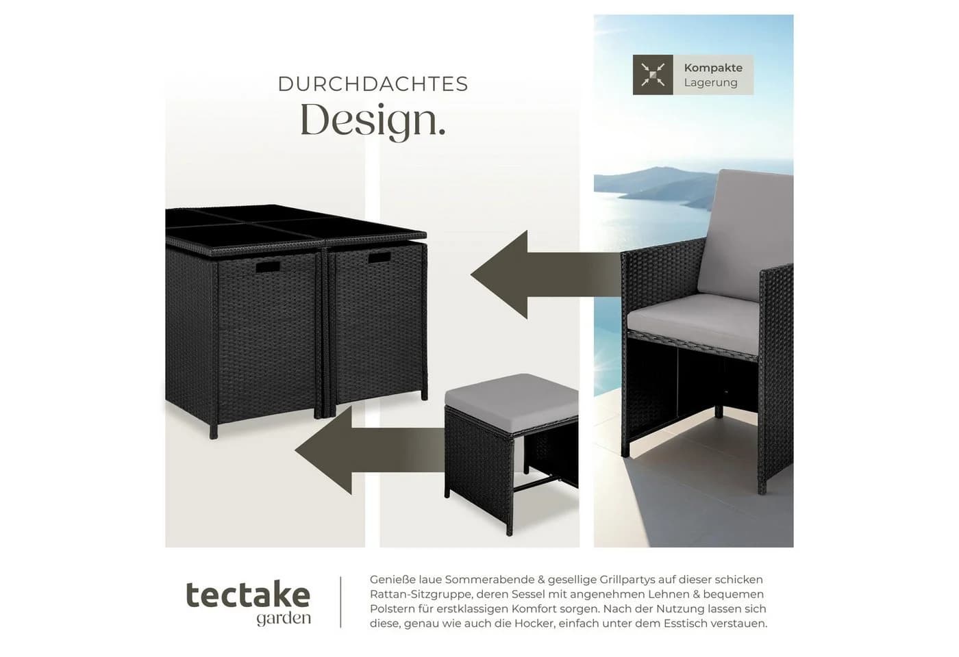tectake Rattan Sitzgruppe 9-tlg. Schwarz/Grau mit Kissen - Bild 5