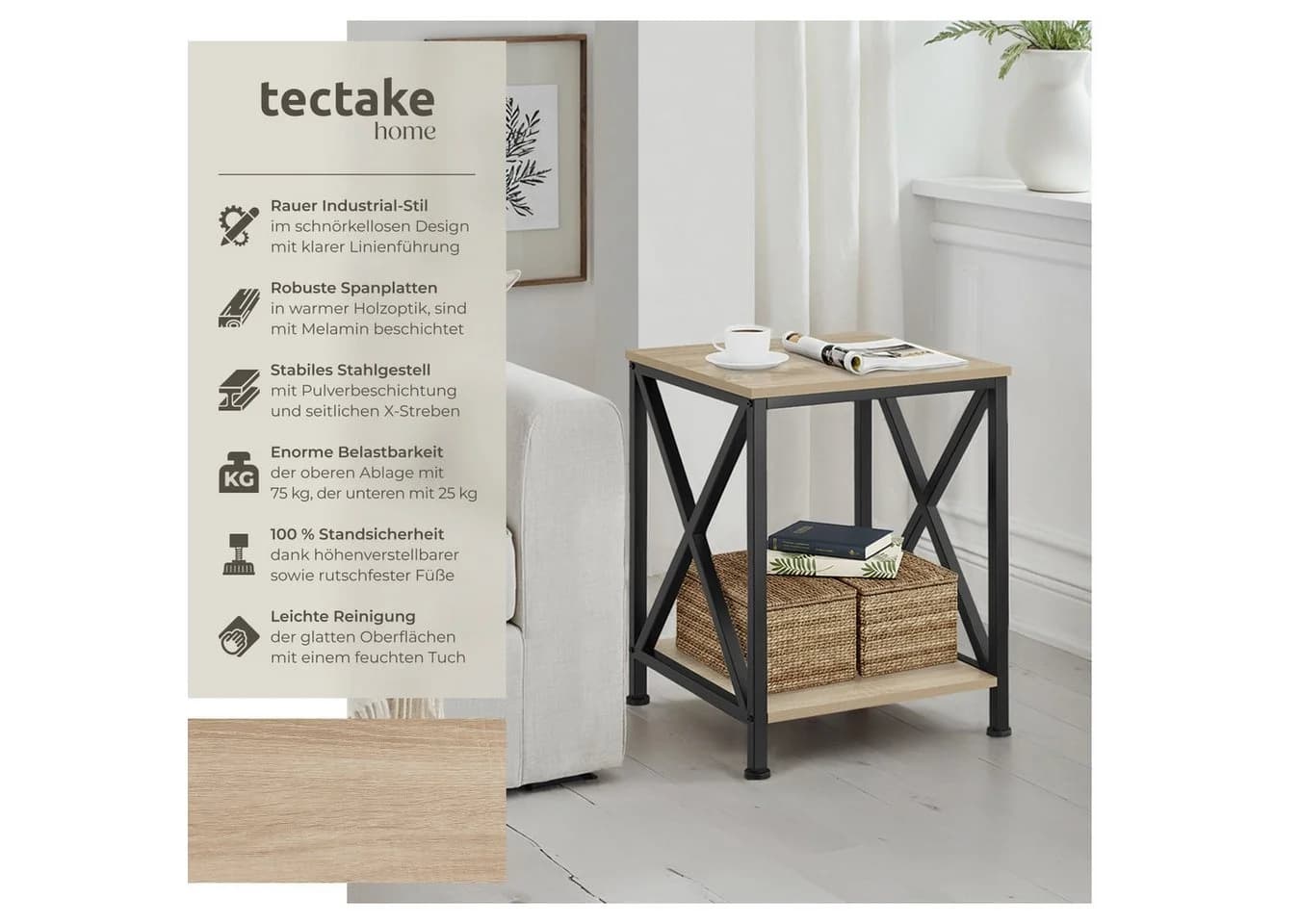 tectake Beistelltisch Carlton Industrie-Chic Braun/Schwarz
