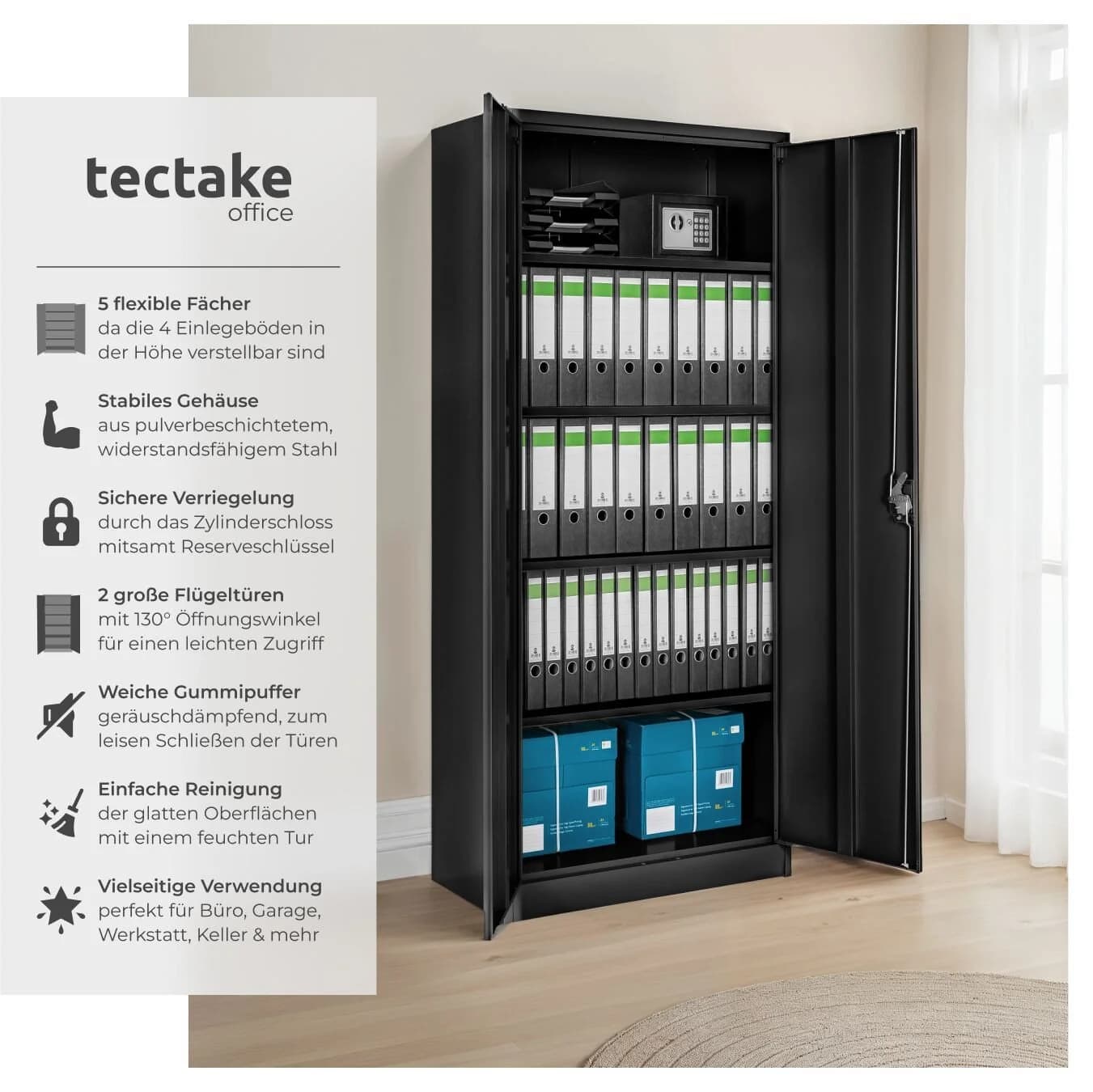 tectake Aktenschrank Blain Schwarz mit Schloss und höhenverstellbaren Böden - Bild 2