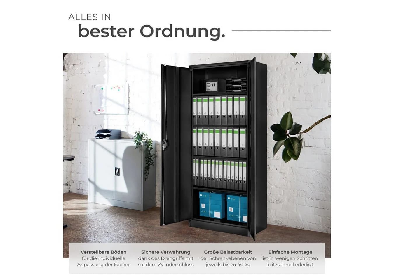 tectake Aktenschrank Blain Schwarz mit Schloss und höhenverstellbaren Böden - Bild 4