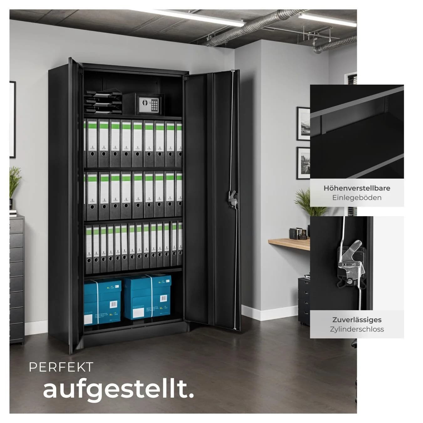 tectake Aktenschrank Blain Schwarz mit Schloss und höhenverstellbaren Böden - Bild 5