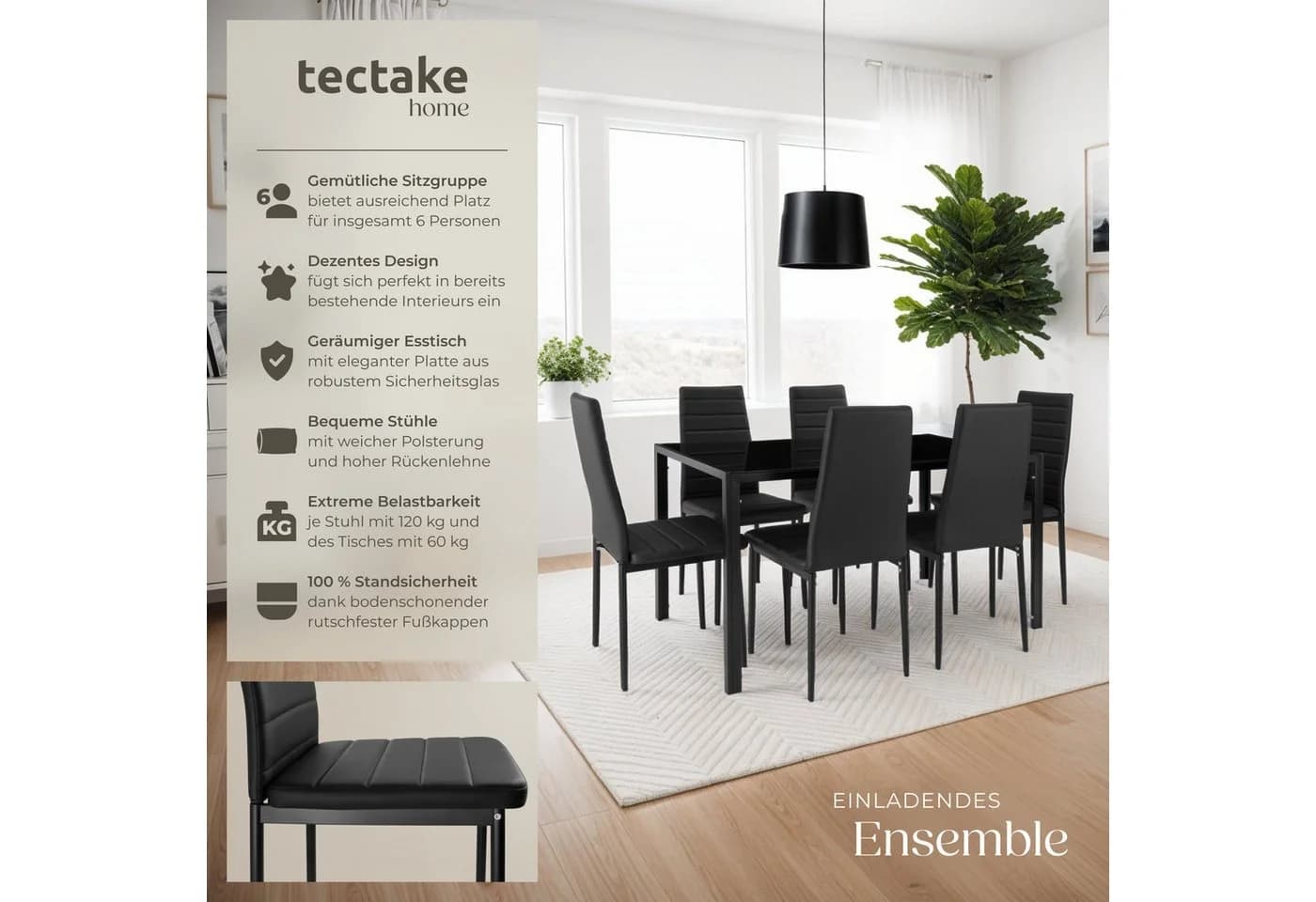 tectake Esszimmergruppe 7-tlg. Schwarz Stahl Glas - Bild 2