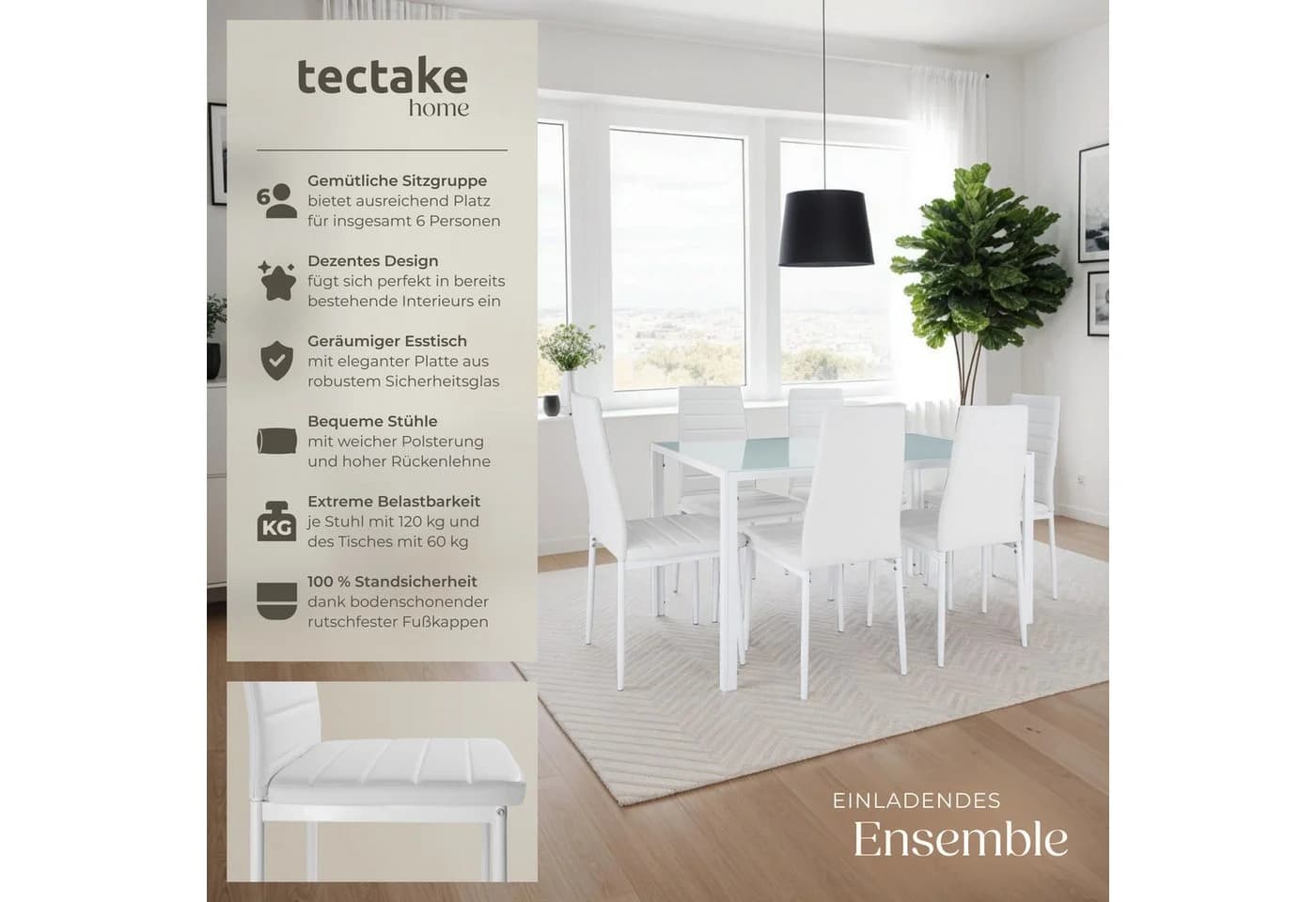 TECTAKE Esszimmergruppe 7-tlg. Weiß Stahl Glas - Bild 2