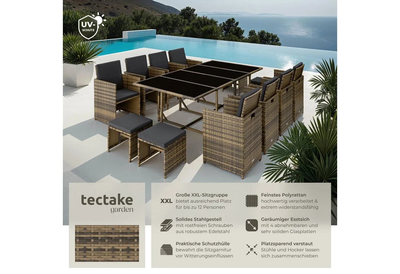 TECTAKE Sitzgruppe Palma 12-tlg. Beige/Grau Poly Rattan mit Würfelsystem - Bild 2