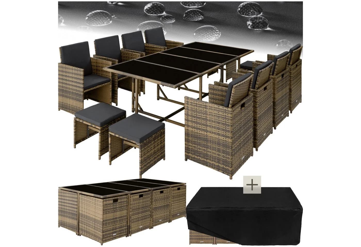 TECTAKE Sitzgruppe Palma 12-tlg. Beige/Grau Poly Rattan mit Würfelsystem - Bild 3