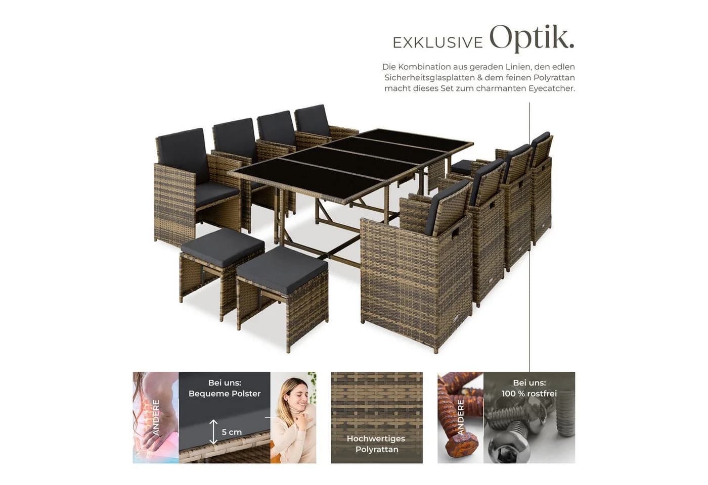 TECTAKE Sitzgruppe Palma 12-tlg. Beige/Grau Poly Rattan mit Würfelsystem - Bild 4
