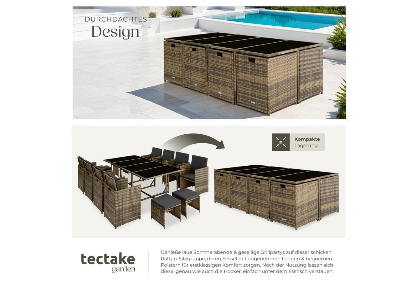 TECTAKE Sitzgruppe Palma 12-tlg. Beige/Grau Poly Rattan mit Würfelsystem - Bild 5