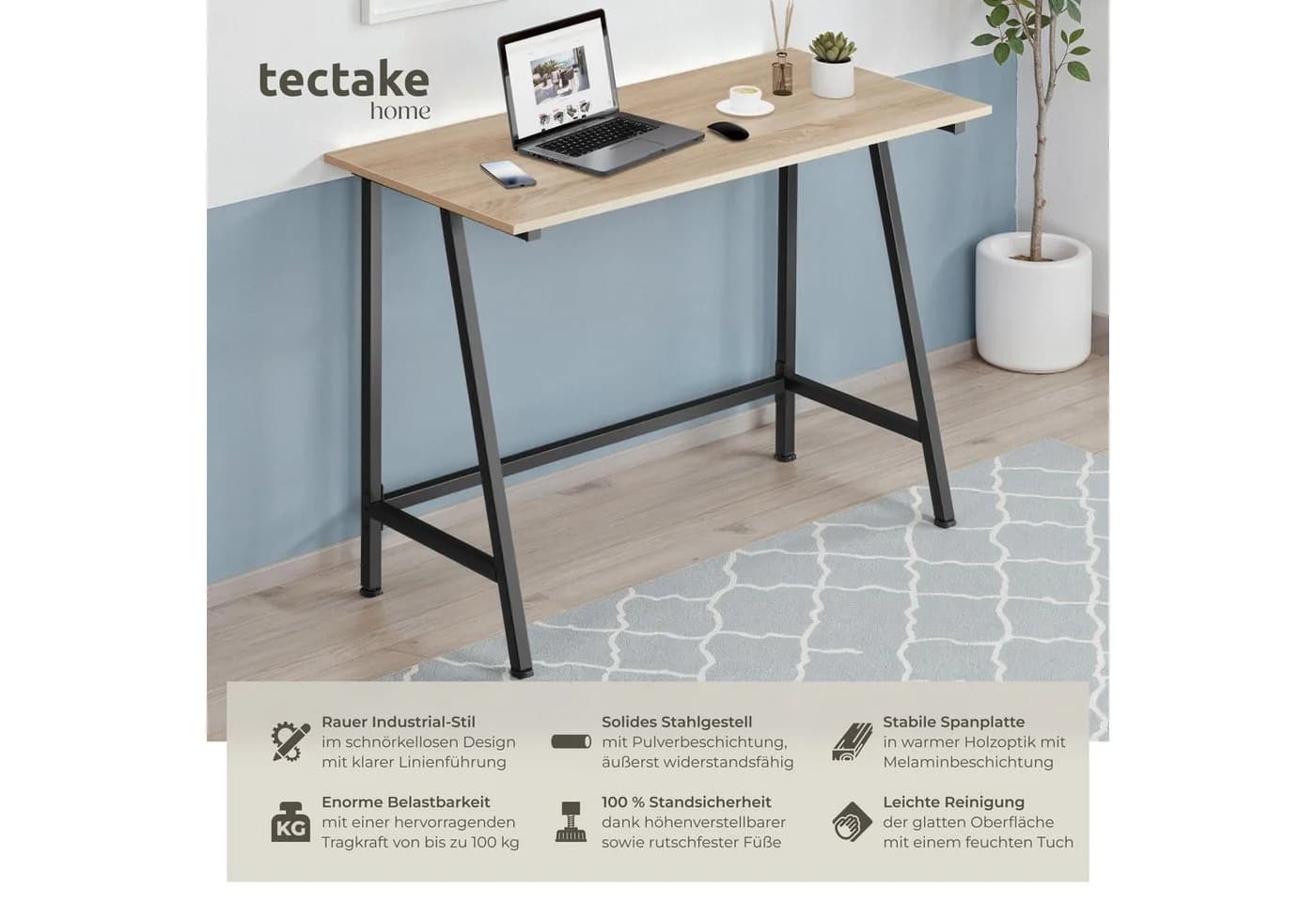 tectake Schreibtisch Newton 1-St. 1 tlg. Handlicher Schreibtisch in typischer Industrie-Optik