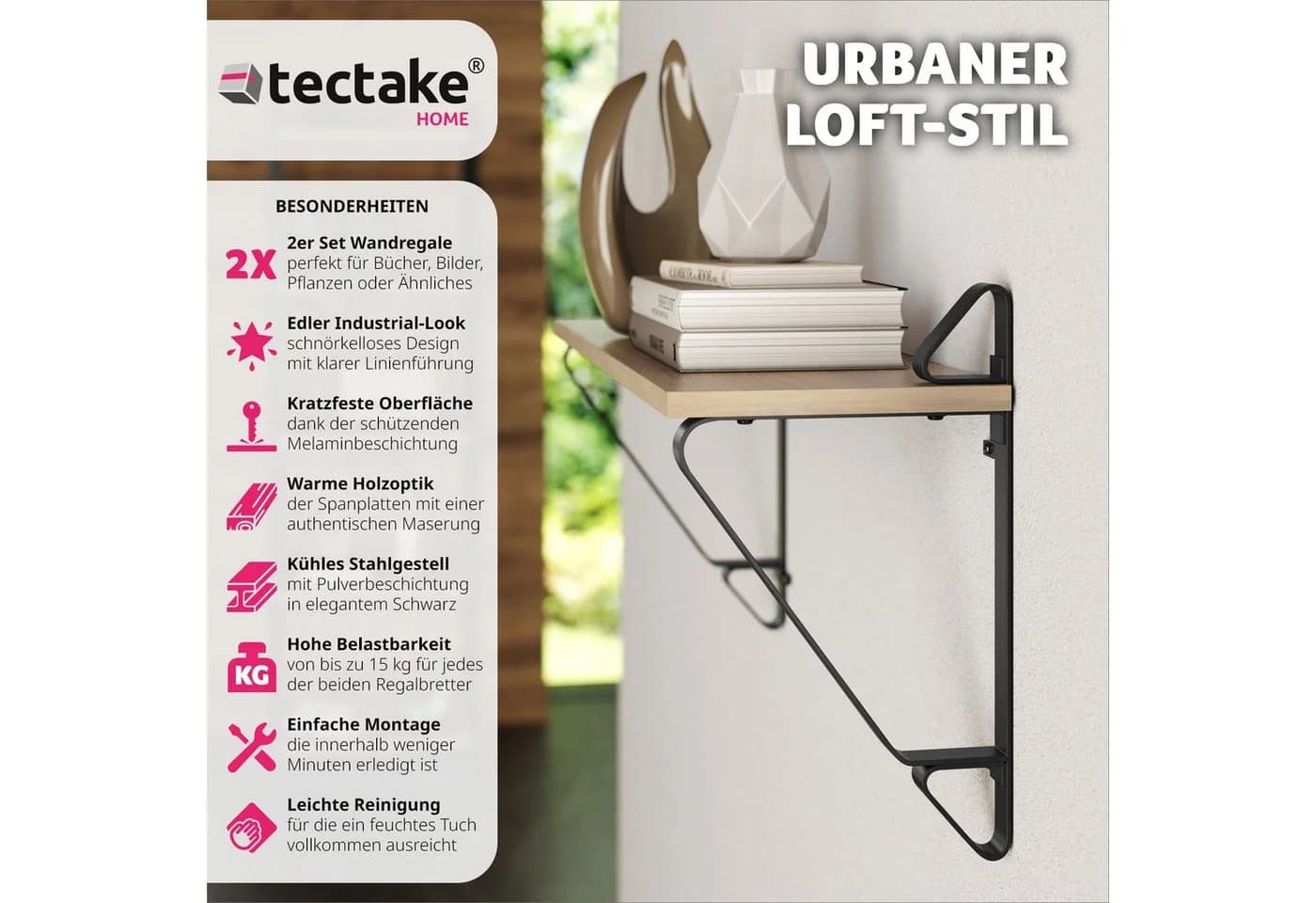 tectake Wandregal 2er Set Industrial Style Braun/Grau