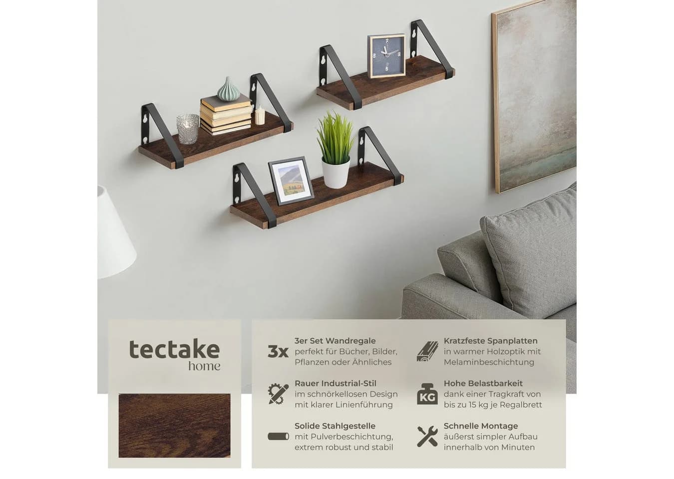tectake Wandregal 3er Set Industrial Style Braun/Grau