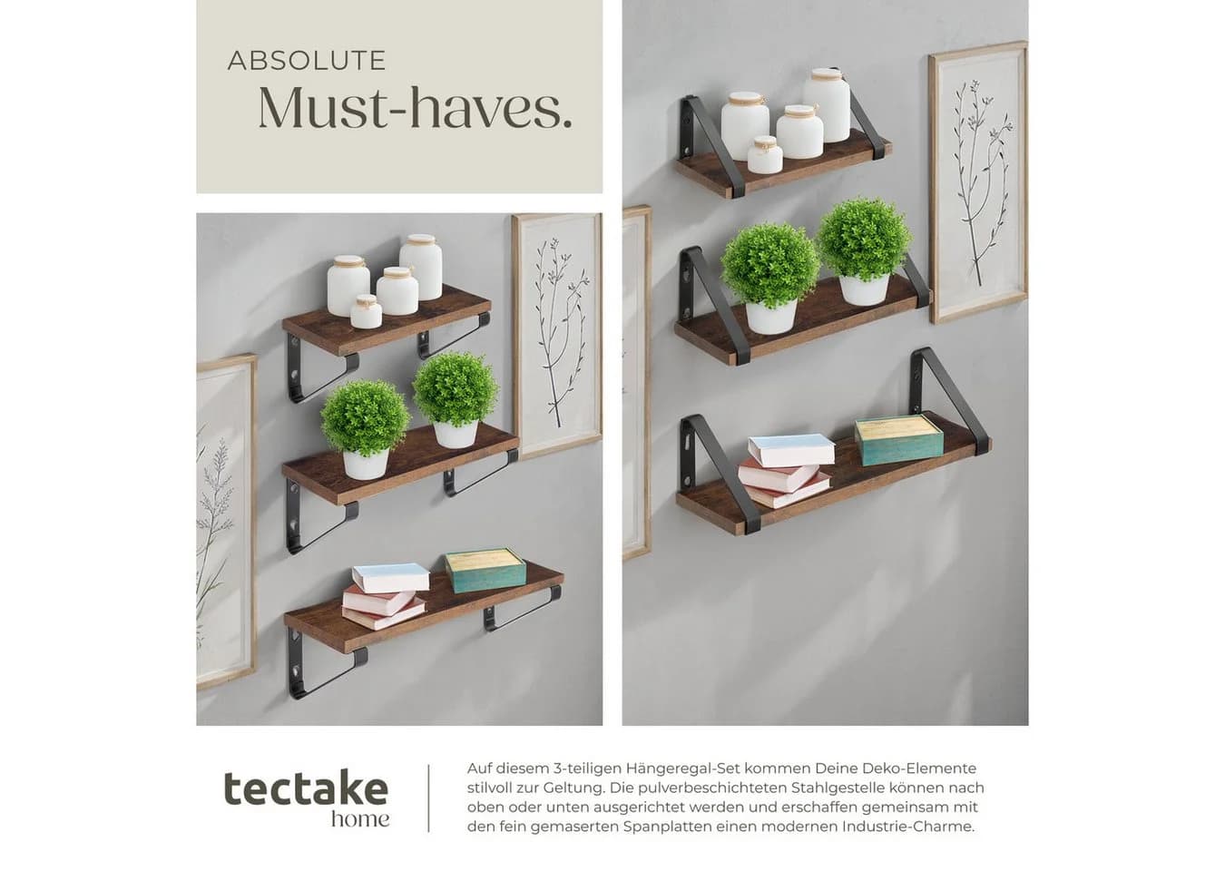 tectake Wandregal 3er Set Industrial Style Braun/Grau - Bild 4