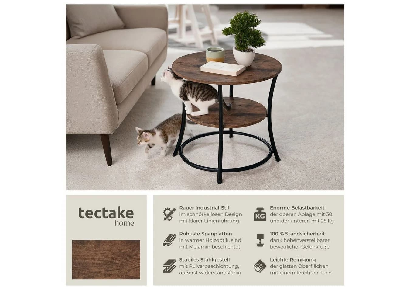 tectake® Beistelltisch Industrial Style Rund mit 2 Ablagen - Bild 2