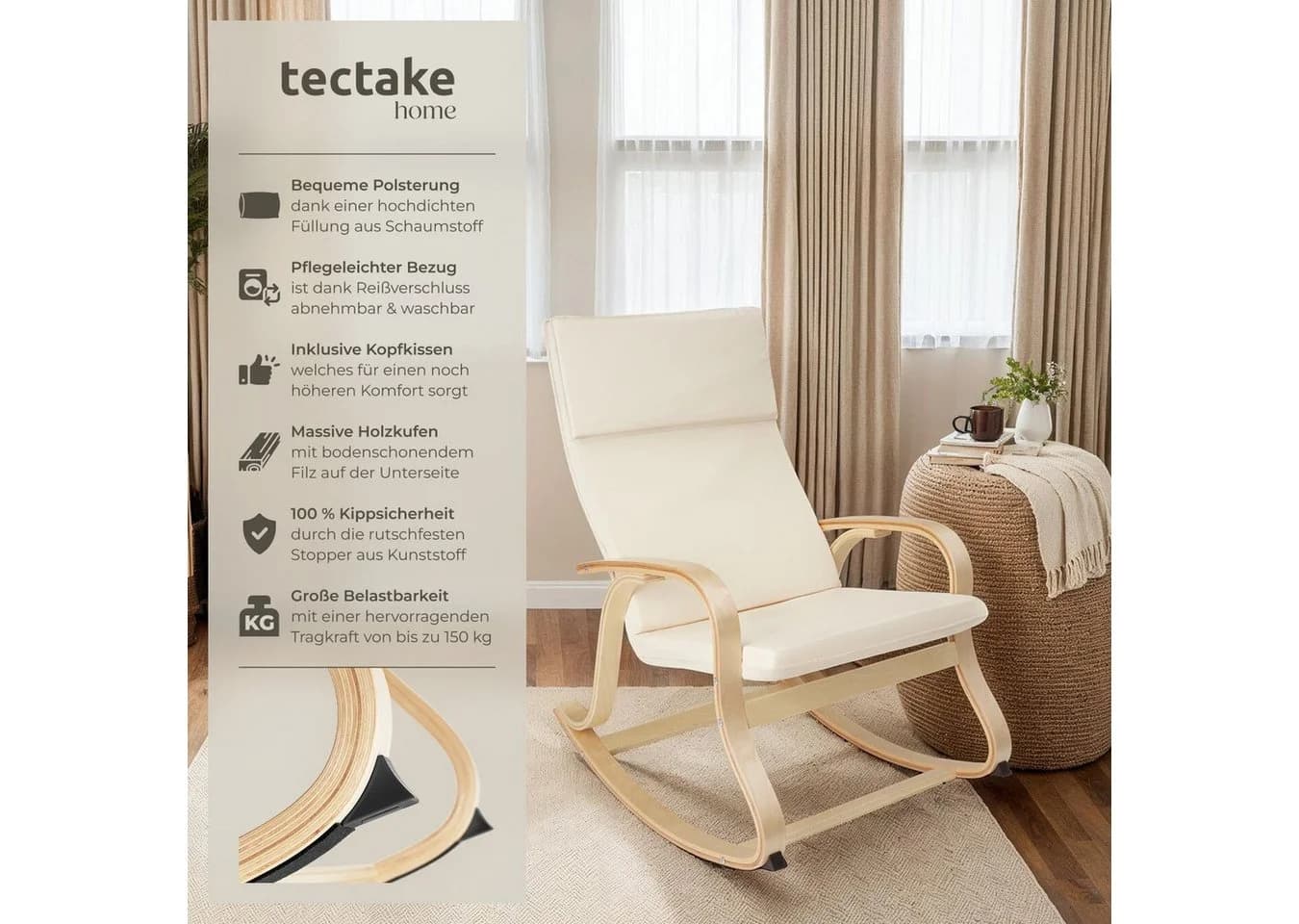 tectake Schaukelstuhl Relaxsessel Roca aus Birkenholz Beige - Bild 2
