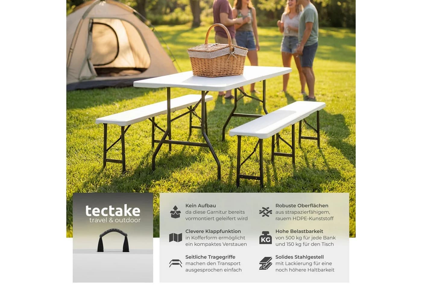 tectake Campingtisch Panja 3-tlg. Kompakte Campinggarnitur mit Klappbänken - Bild 2