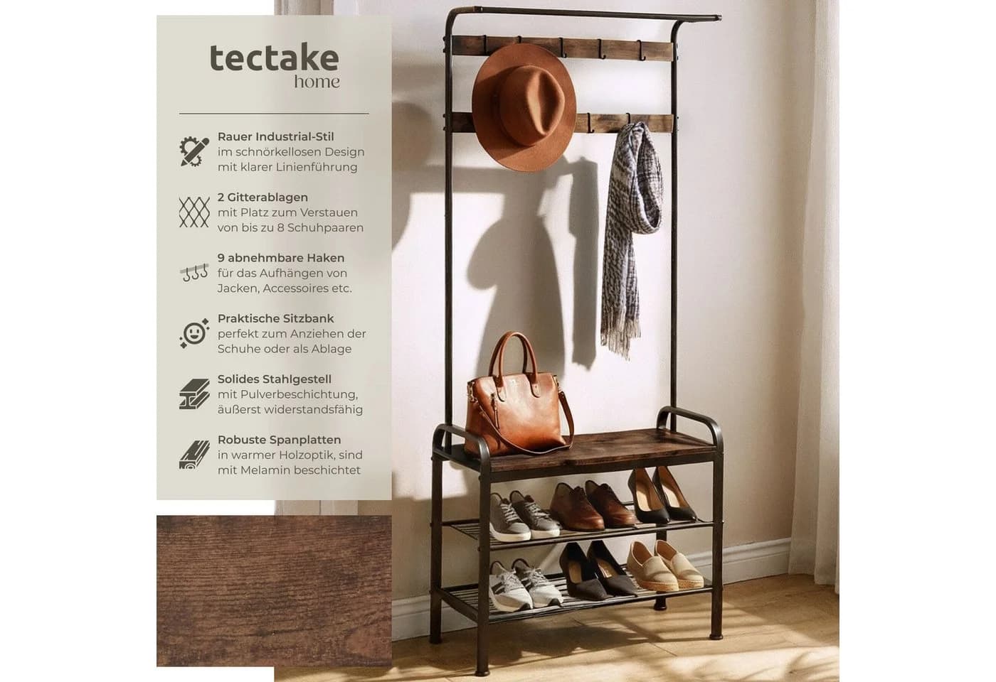 TECTAKE Garderobe Wichita mit Sitzbank und Kippschutz - Bild 2