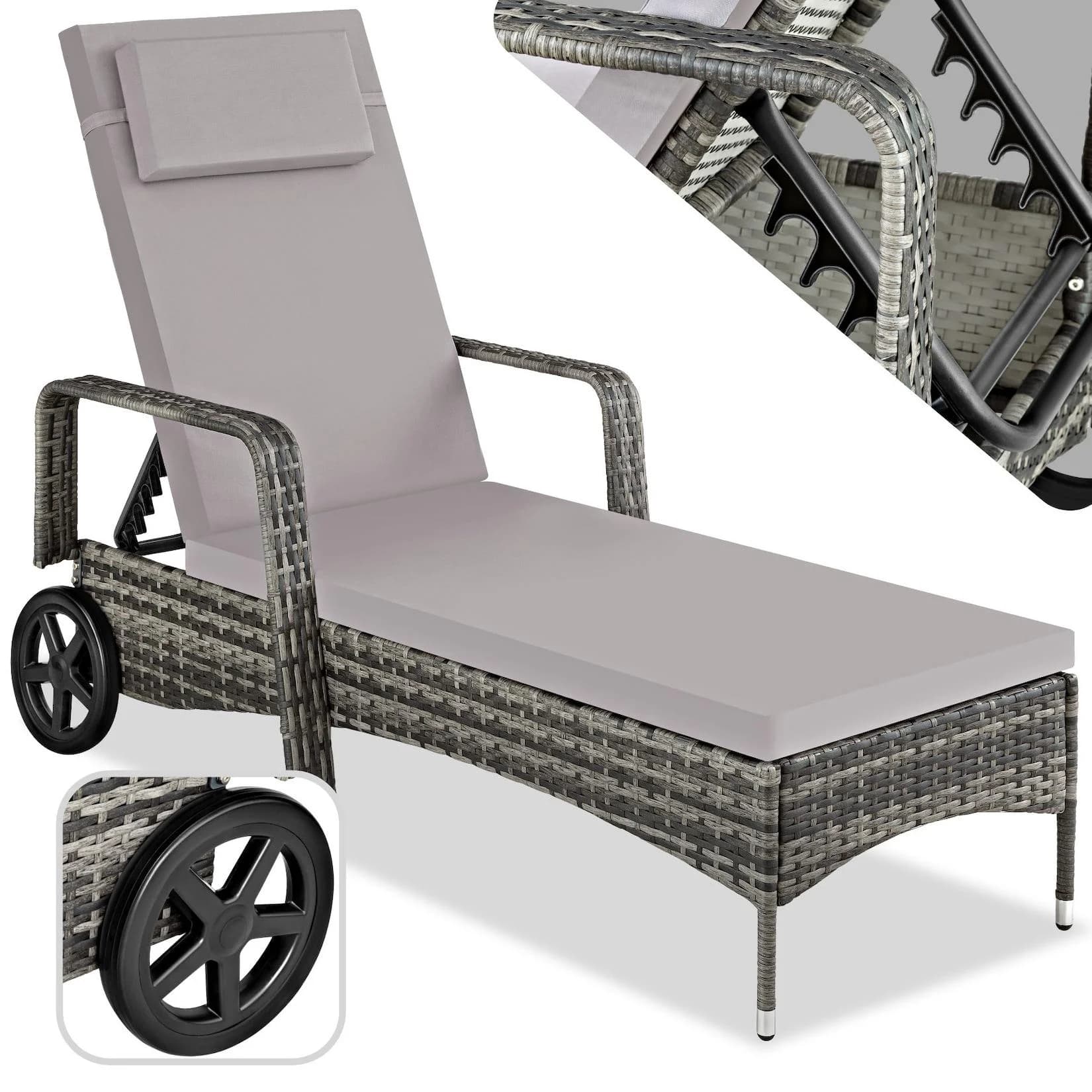 tectake Gartenliege Rattan Grau mit verstellbarer Rückenlehne und Rädern