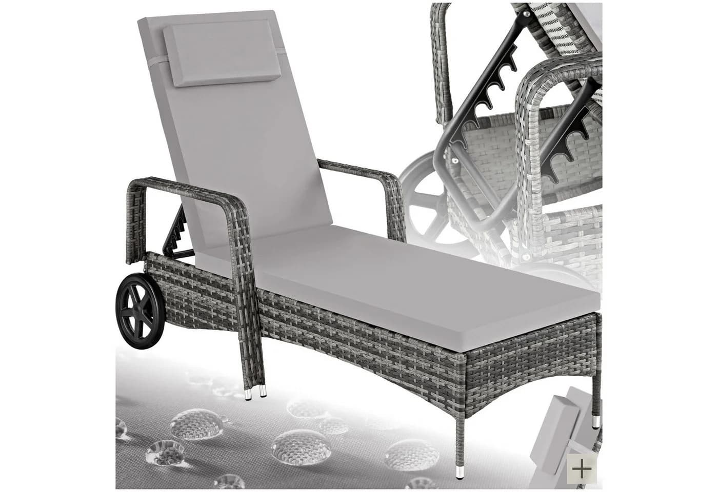 tectake Gartenliege Rattan Grau mit verstellbarer Rückenlehne und Rädern - Bild 3