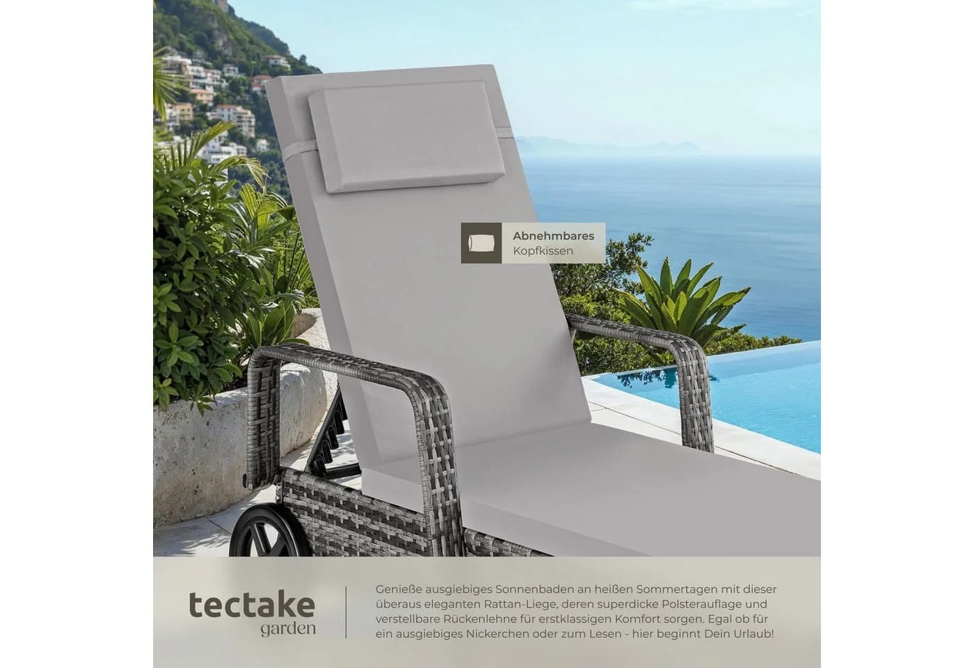 tectake Gartenliege Rattan Grau mit verstellbarer Rückenlehne und Rädern - Bild 5