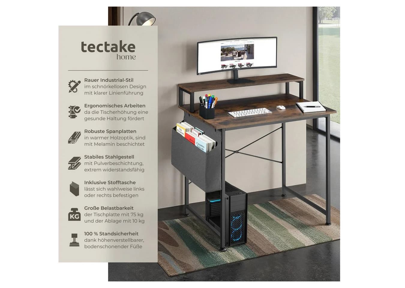 tectake Schreibtisch Everett 1-St. 1 tlg. Funktionaler Schreibtisch mit praktischer Ablage im Industrie-Look - Bild 2