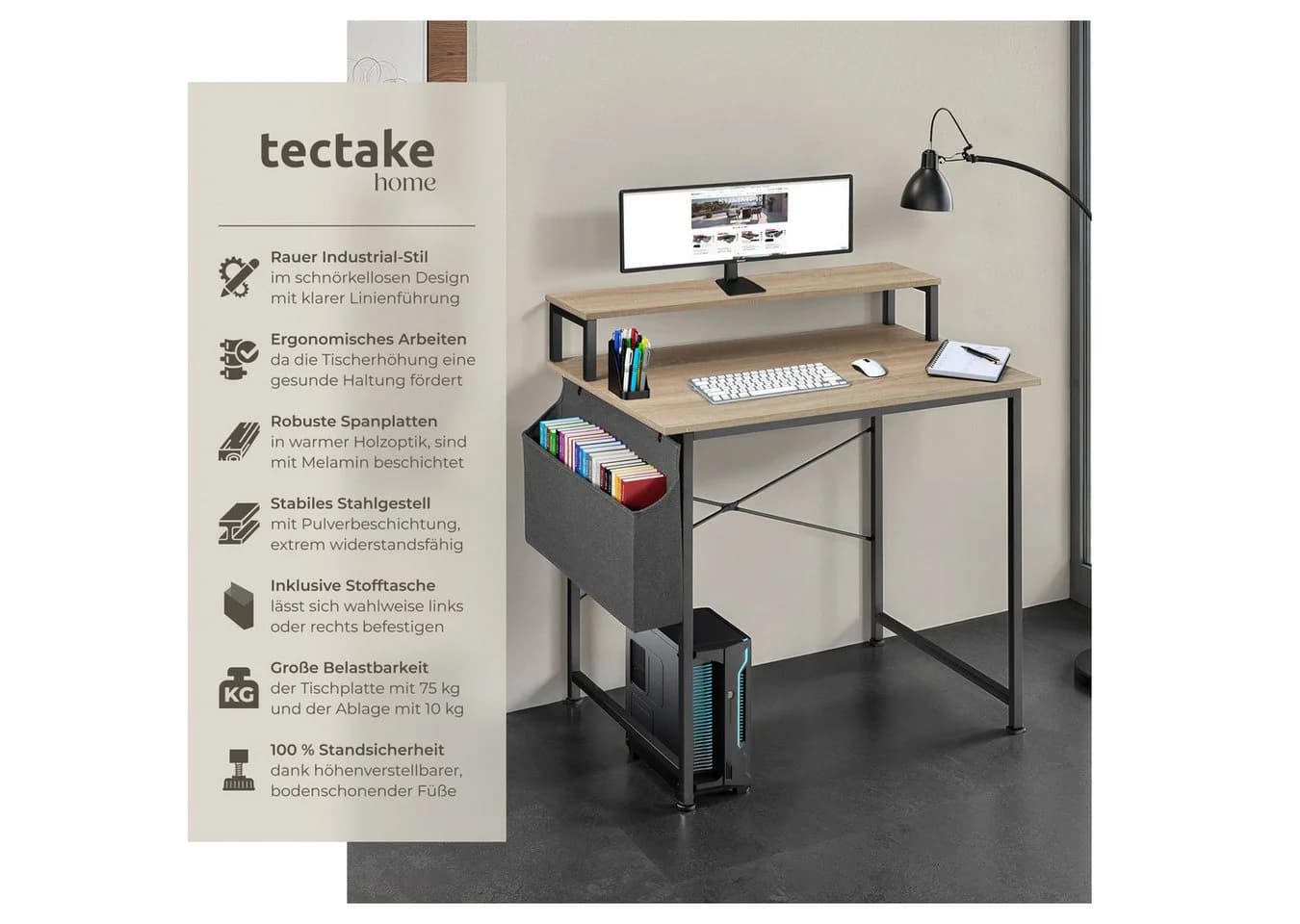 Tectake Schreibtisch Everett 1-St. 1 tlg. Funktionaler Schreibtisch mit praktischer Ablage im Industrie-Look - Bild 2