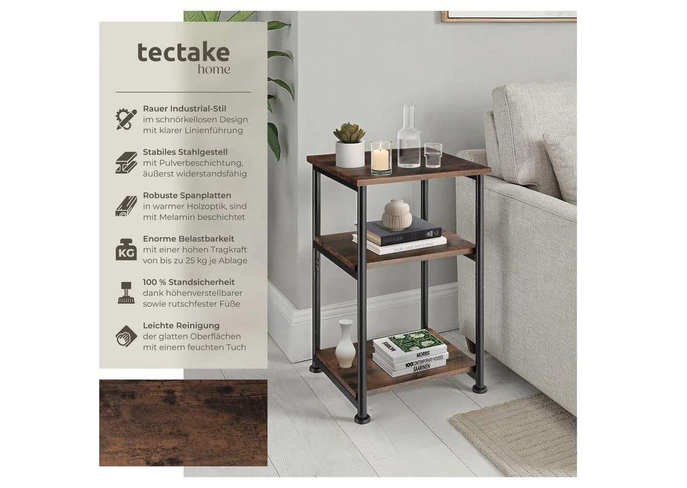tectake Beistelltisch Memphis Industrial Style mit drei Ablagen