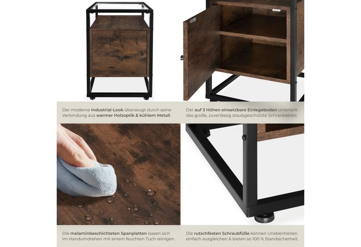 TECTAKE Nachttisch Dudley Industrial Style mit Glasplatte - Bild 4