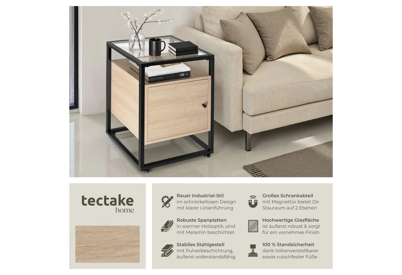 tectake Nachttisch Dudley Industrial Style mit Glasplatte und Schrank