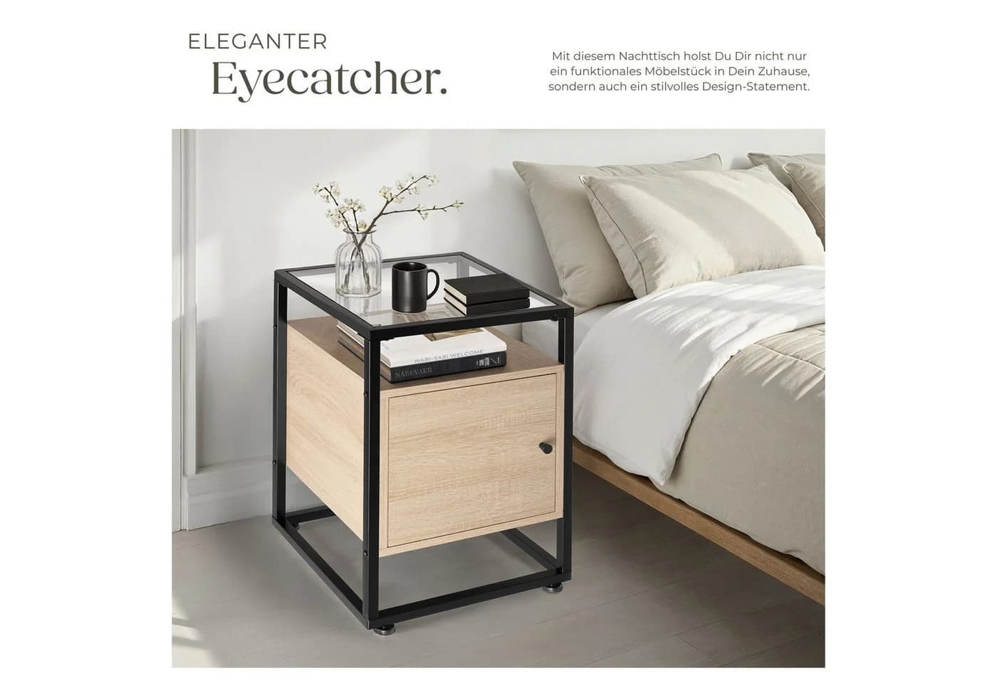 tectake Nachttisch Dudley Industrial Style mit Glasplatte und Schrank - Bild 5