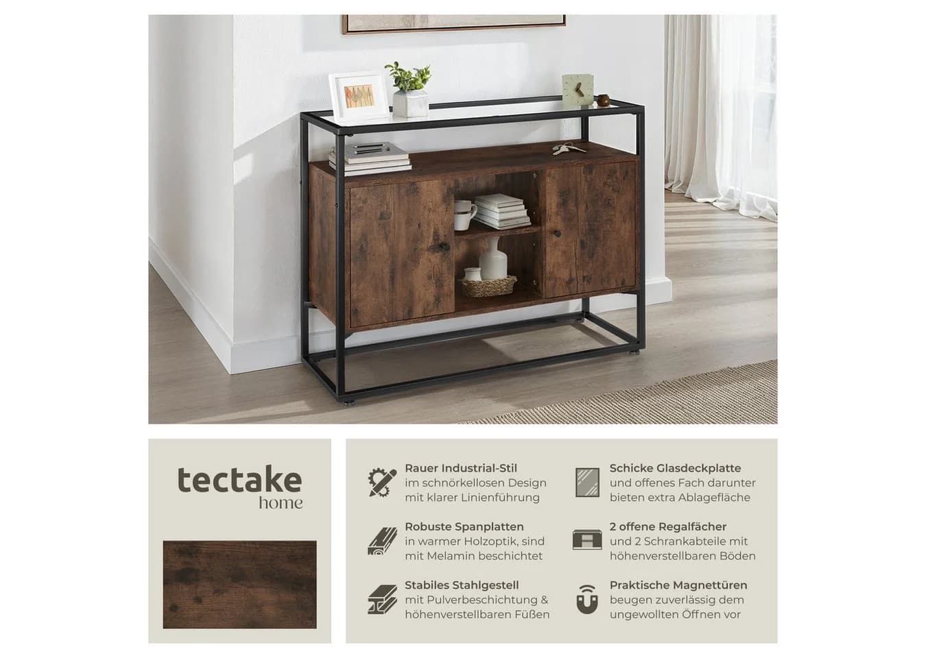 tectake Sideboard Oldham Industrial Style mit Glasplatte - Bild 2