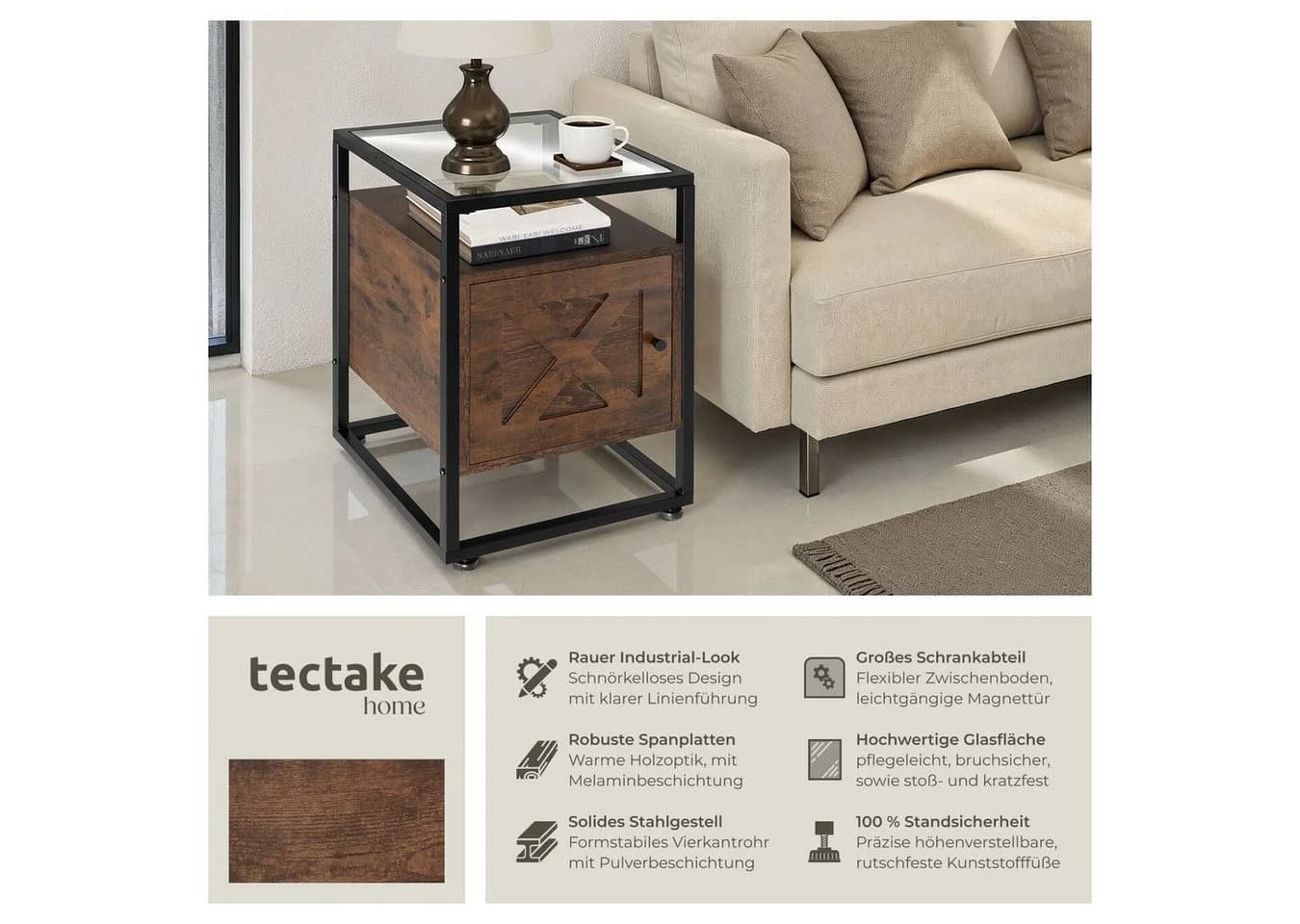 tectake Nachttisch Kidderminster Industrie-Stil Glasplatte