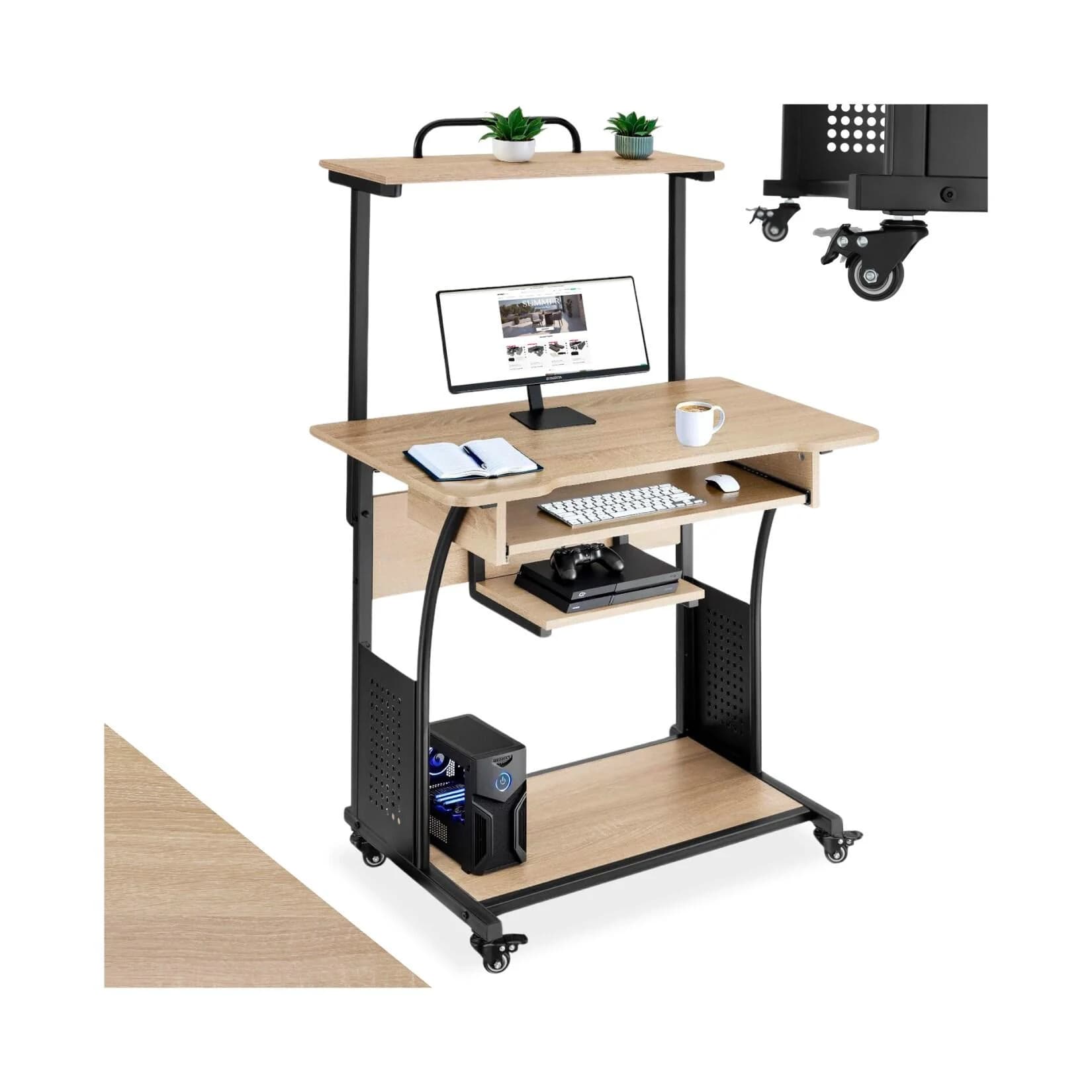 tectake Schreibtisch Fife Industrial Style mit Ablageflächen und Lenkrollen