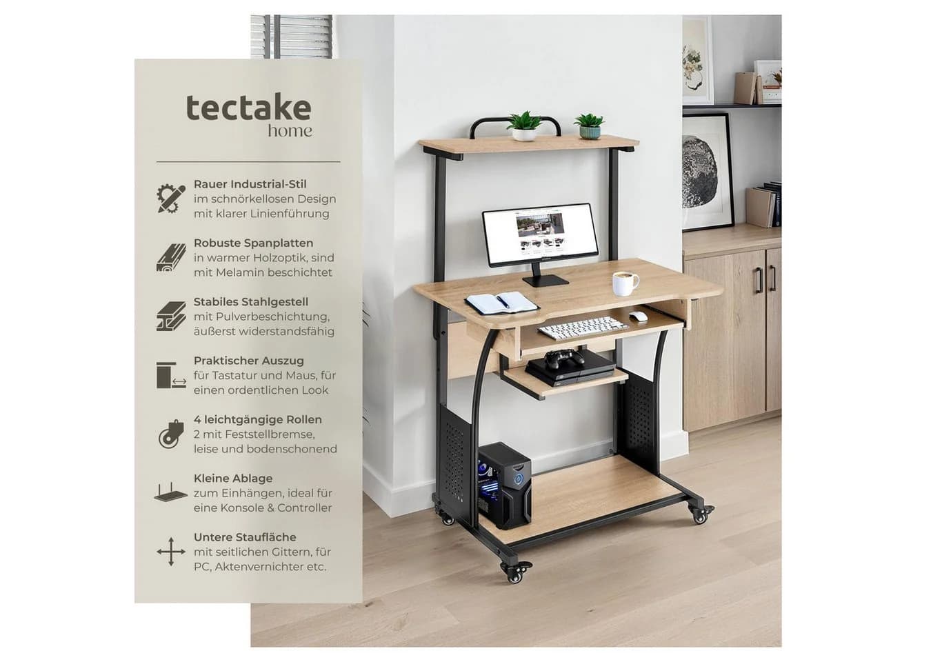 tectake Schreibtisch Fife Industrial Style mit Ablageflächen und Lenkrollen - Bild 2
