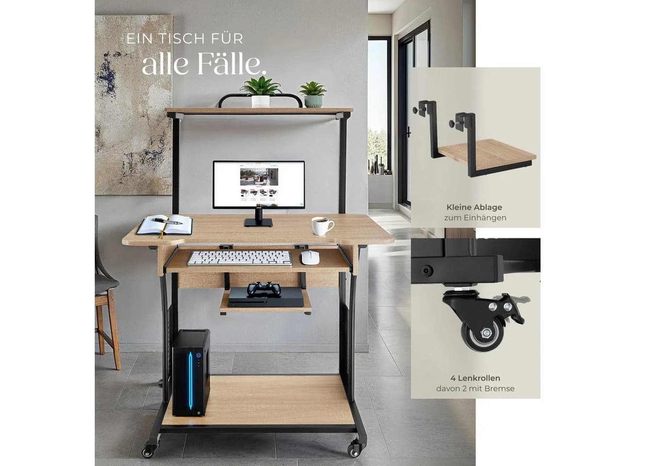 tectake Schreibtisch Fife Industrial Style mit Ablageflächen und Lenkrollen - Bild 5