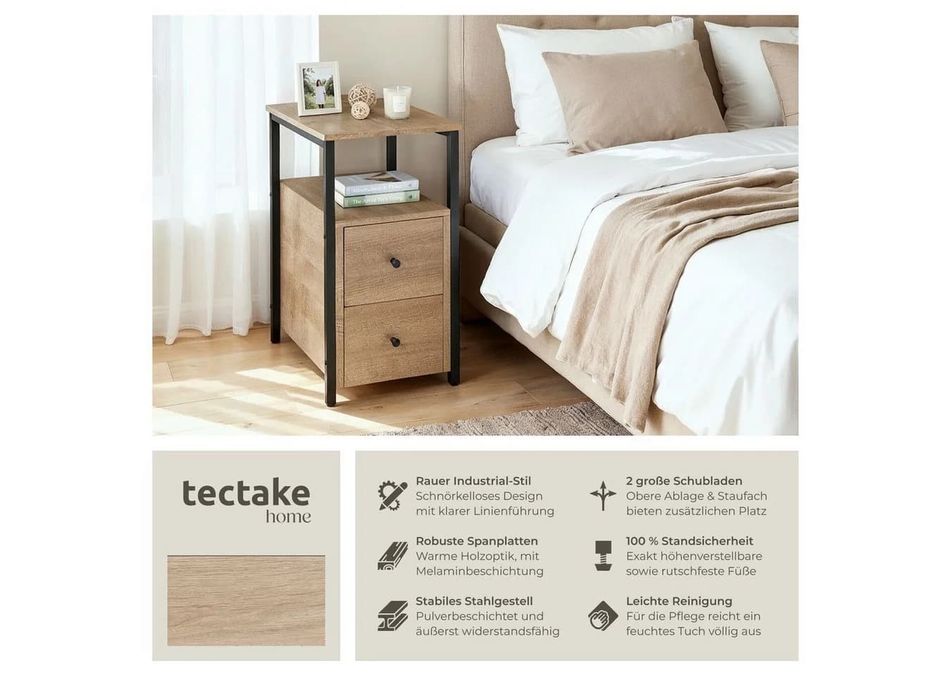 tectake® Nachttisch Industrial Style 2 Ablagen und 2 Schubladen - Bild 2