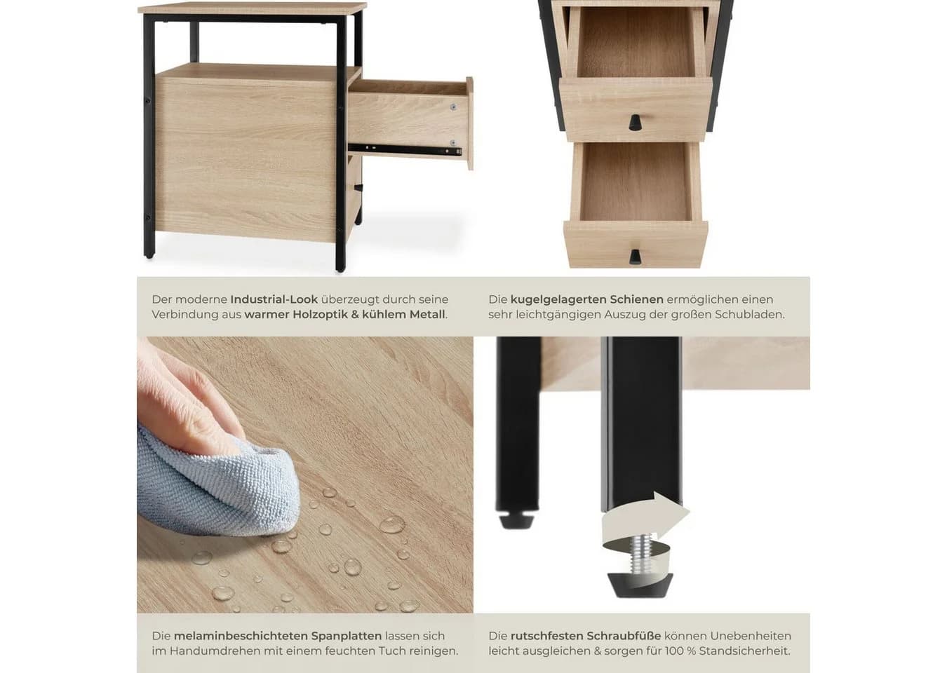 tectake® Nachttisch Industrial Style 2 Ablagen und 2 Schubladen - Bild 5