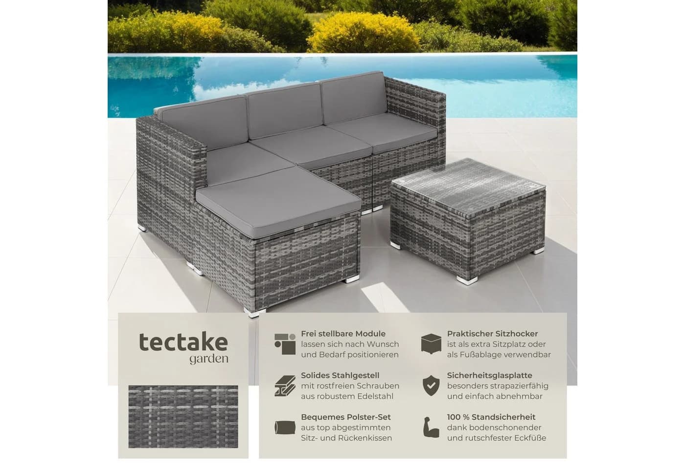 TECTAKE Loungeset Rattan Grau 5-tlg. UV-beständig mit Sicherheitsglas - Bild 2
