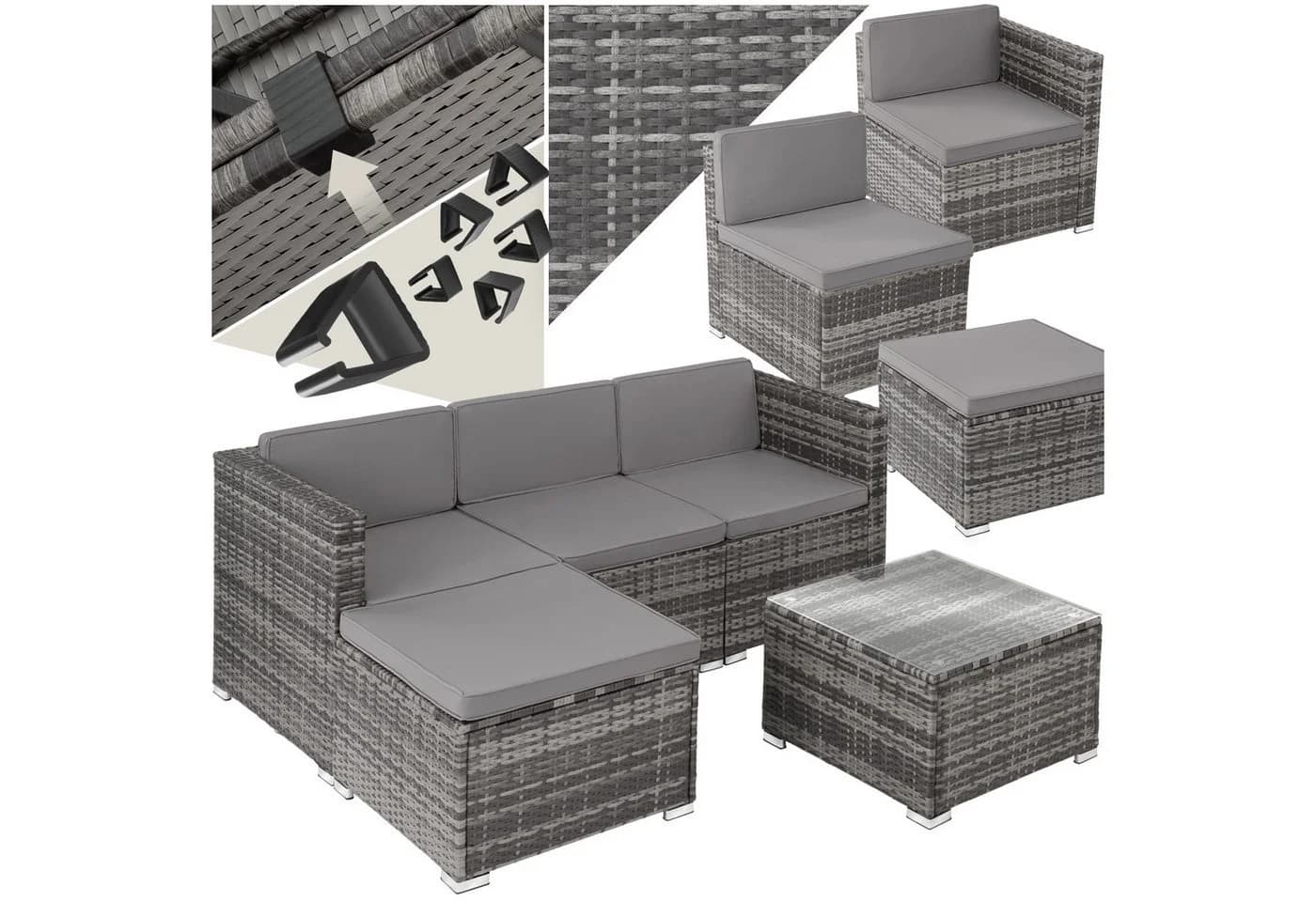 TECTAKE Loungeset Rattan Grau 5-tlg. UV-beständig mit Sicherheitsglas - Bild 3