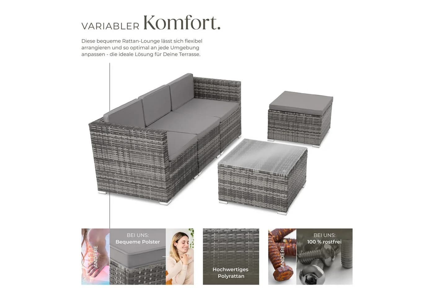 TECTAKE Loungeset Rattan Grau 5-tlg. UV-beständig mit Sicherheitsglas - Bild 4