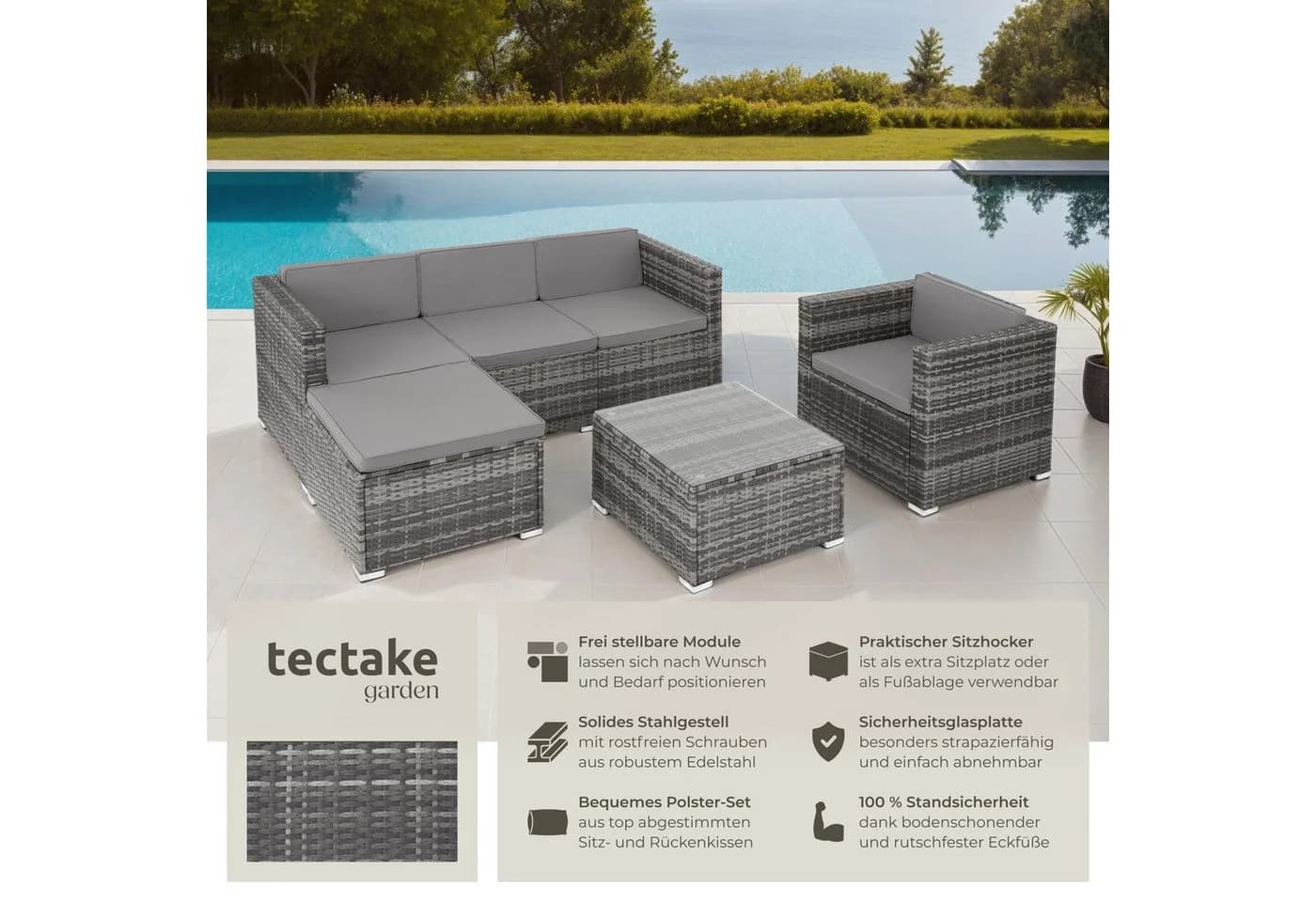 tectake Loungeset Lignano 6-tlg. Grau Rattan Outdoor - Bild 2