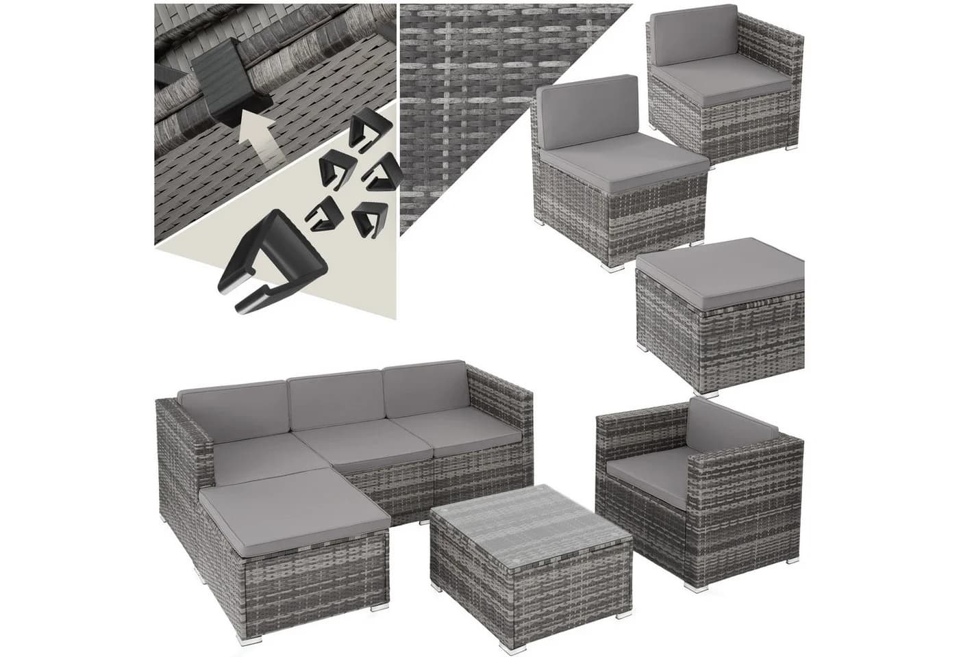 tectake Loungeset Lignano 6-tlg. Grau Rattan Outdoor - Bild 3