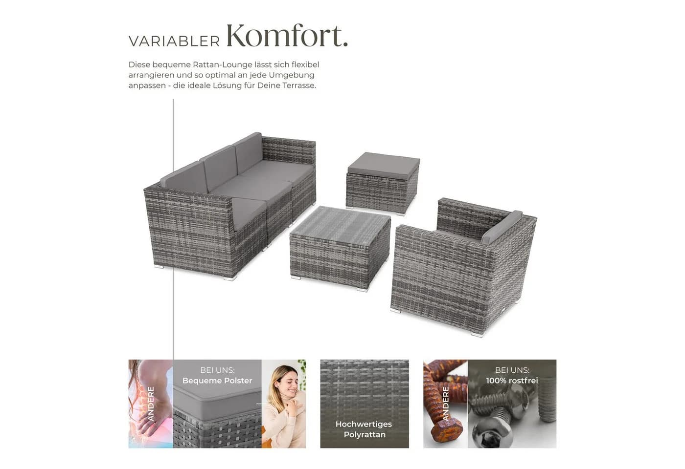 tectake Loungeset Lignano 6-tlg. Grau Rattan Outdoor - Bild 4