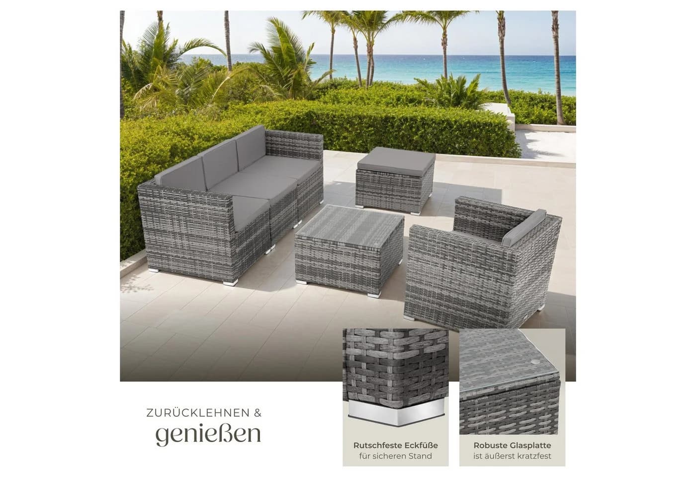 tectake Loungeset Lignano 6-tlg. Grau Rattan Outdoor - Bild 5