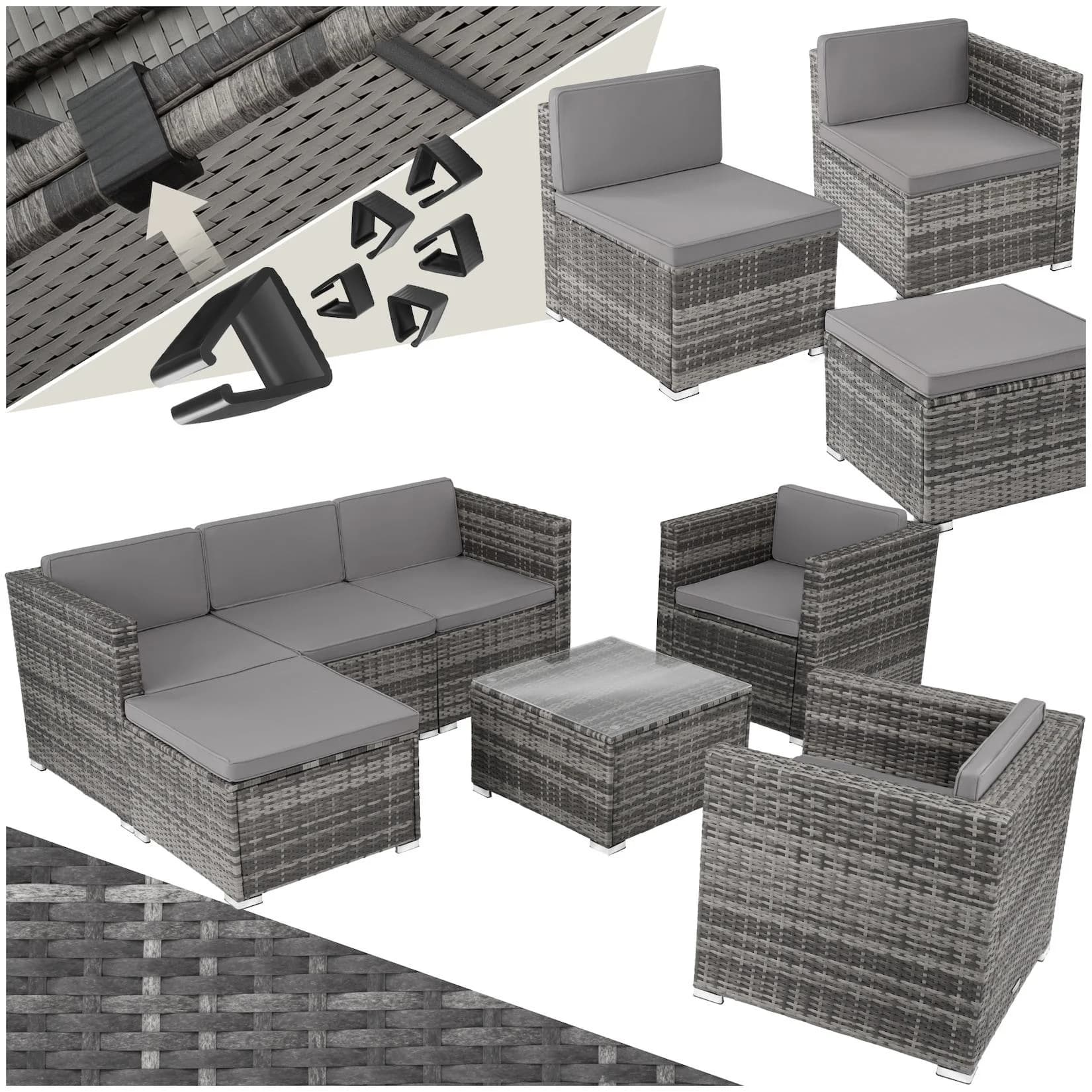 tectake Loungeset Rattan Grau 7-tlg. UV-beständig mit Glasplatte