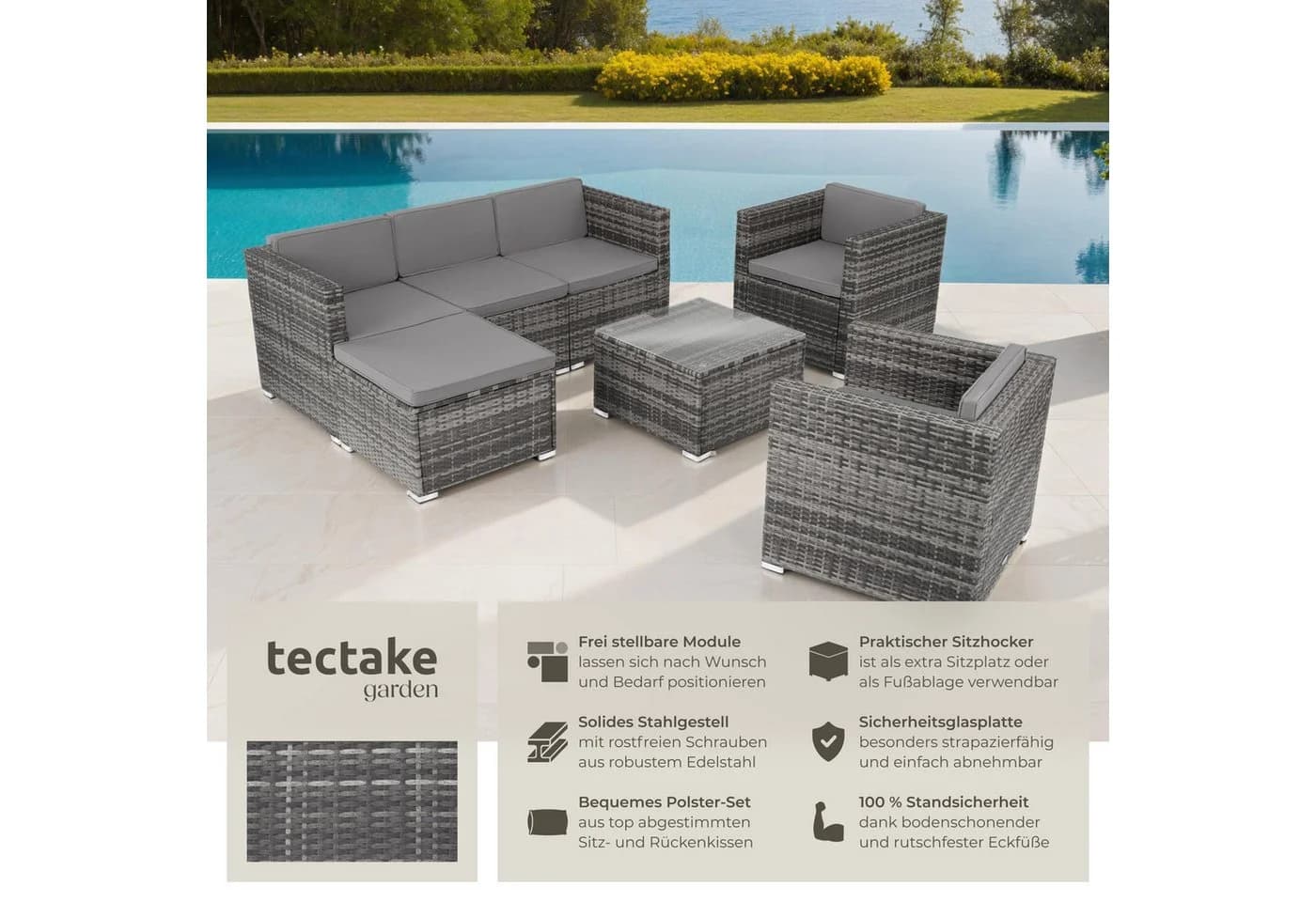 tectake Loungeset Rattan Grau 7-tlg. UV-beständig mit Glasplatte - Bild 2