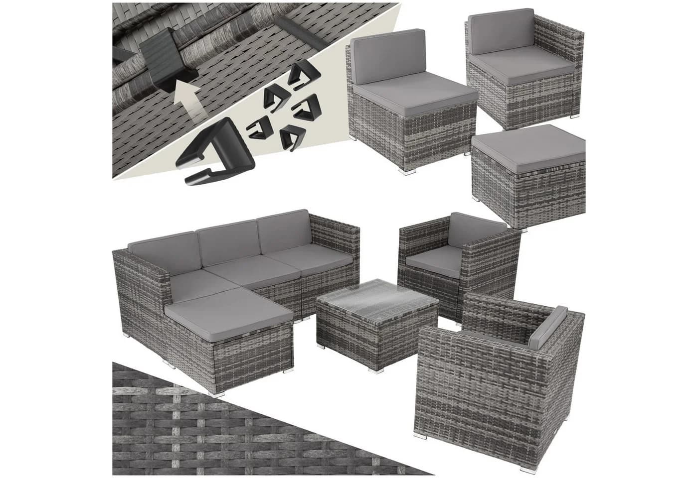 tectake Loungeset Rattan Grau 7-tlg. UV-beständig mit Glasplatte - Bild 3