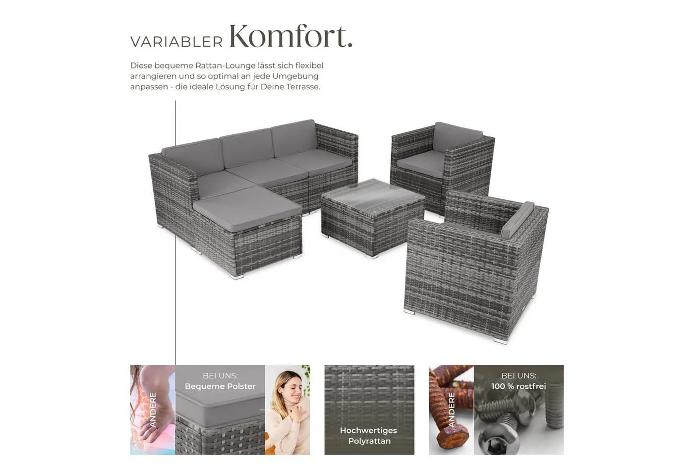 tectake Loungeset Rattan Grau 7-tlg. UV-beständig mit Glasplatte - Bild 4