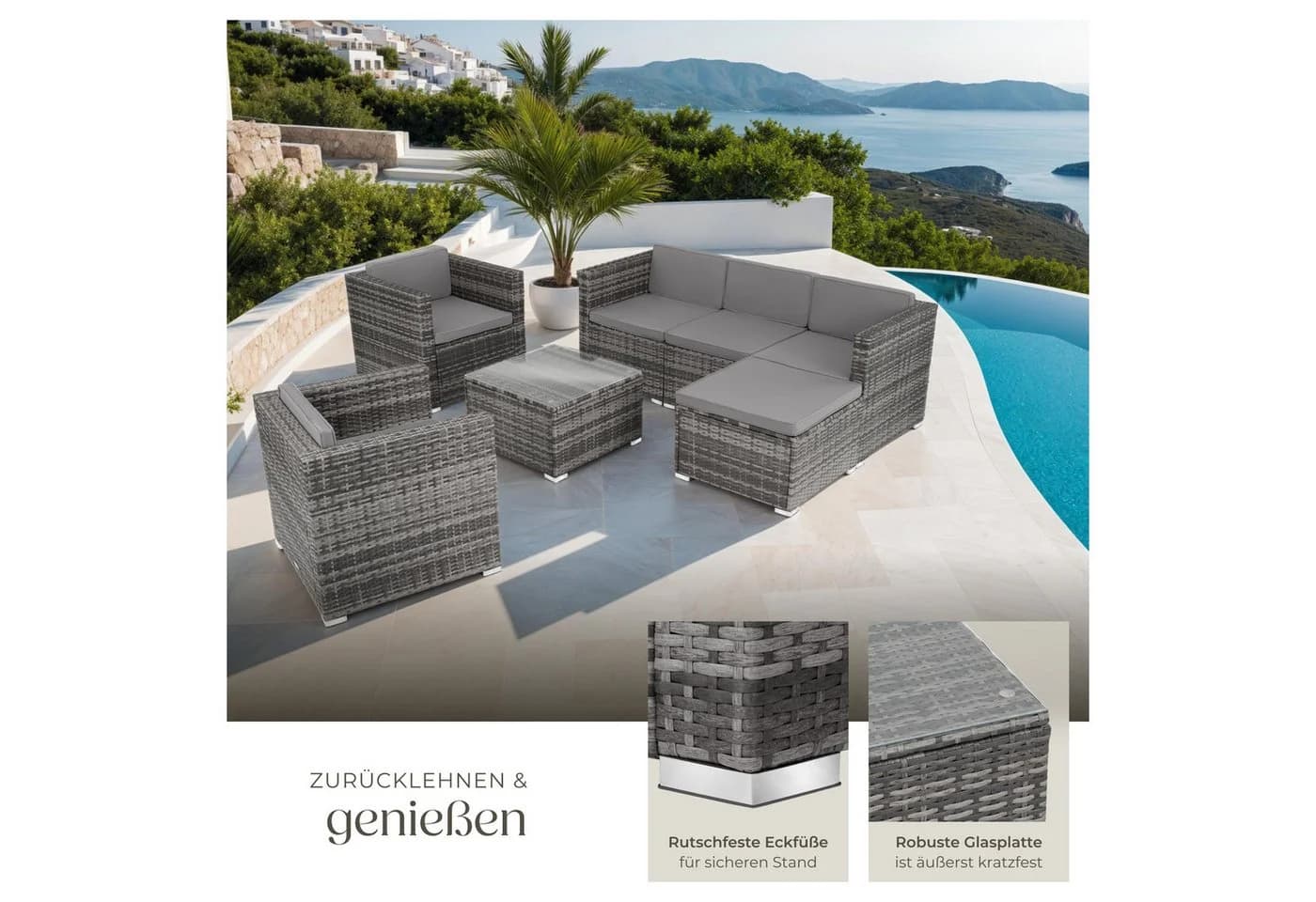 tectake Loungeset Rattan Grau 7-tlg. UV-beständig mit Glasplatte - Bild 5