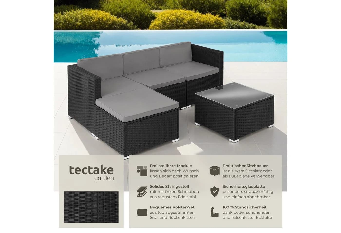TECTAKE Loungeset Rattan 5-tlg. Schwarz mit Glasplatte - Bild 2
