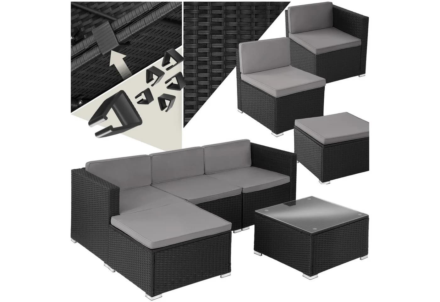 TECTAKE Loungeset Rattan 5-tlg. Schwarz mit Glasplatte - Bild 3