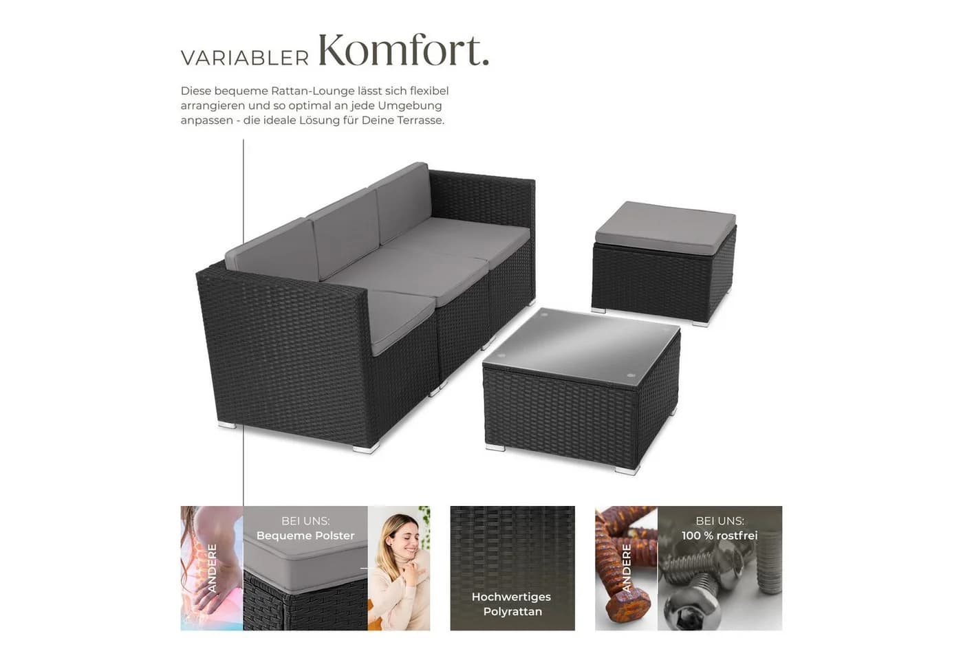 TECTAKE Loungeset Rattan 5-tlg. Schwarz mit Glasplatte - Bild 4